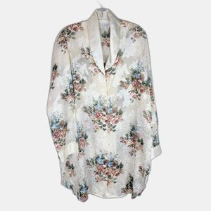 Vintage Kathryn Beige Floral Satin Chiffon Button Down Long Sleeves Sleepwear L